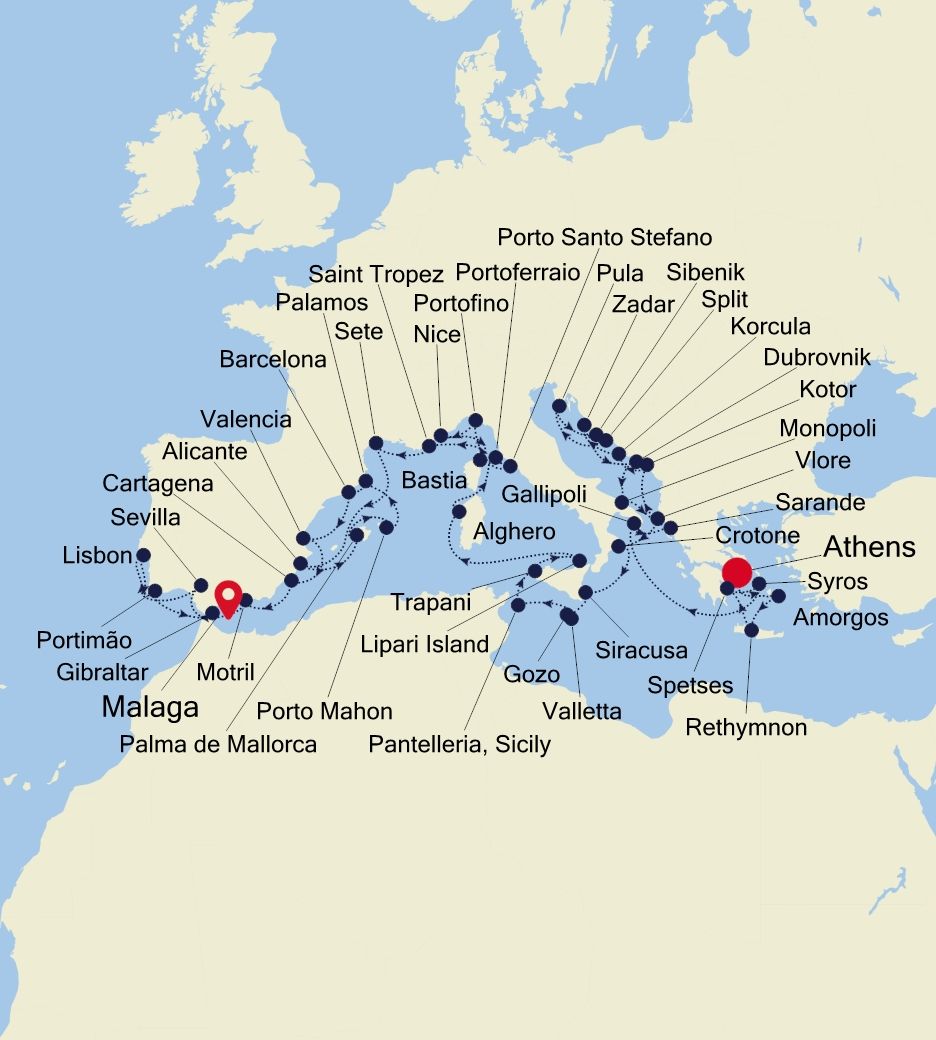 Mediterranean Special Voyage: Athens (Piraeus) to Malaga (Costa Del Sol) Itinerary Map